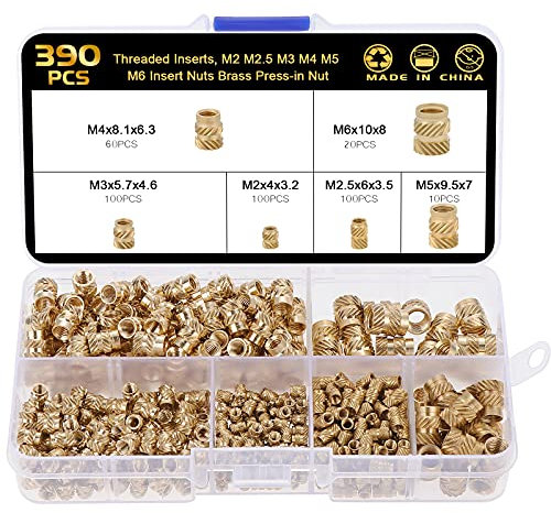 SHEENO 390 PCS Dadi Zigrinati,Inserti Filettati,M2 M2.5 M3 M4 M5 M6 Dadi Zigrinati in Ottone per Parti in Plastica Calore o Dagli Ultrasuoni Nelle Parti Della Stampante 3D