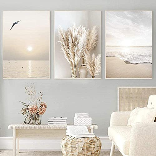 XINGCI Beige Beach Pampasgras Wandkunst und Druck Landschaft Leinwand Malerei Poster Bild für Wohnzimmer Home Badezimmer Dekor Rahmenlos (3x50x70cm)