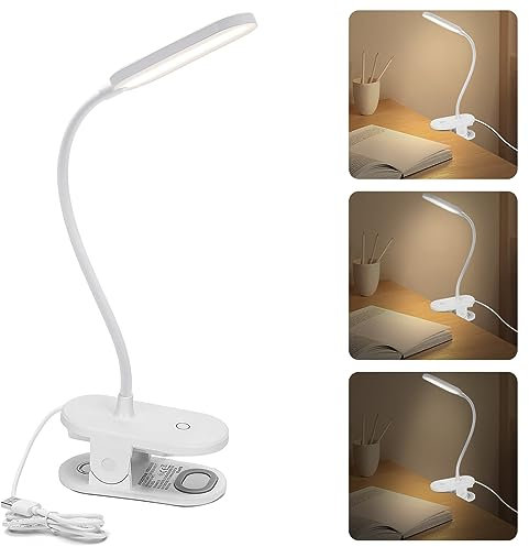 Aigostar Lampada da Lettura a Clip LED, Braccio Flessibile 360°, 3 Livelli di Luminosità, 4000K Luce Naturale, Clip per Lettura, Protezione Occhi, Bianco