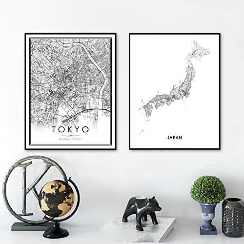 Japan Tokyo Stadtplan Poster Und Druck Schwarz Weiß Moderne Minimalistische Wandkunst Bilder Leinwand Malerei Home Office Decor 50x70cmx2 (20x28 X2) Rahmenlos