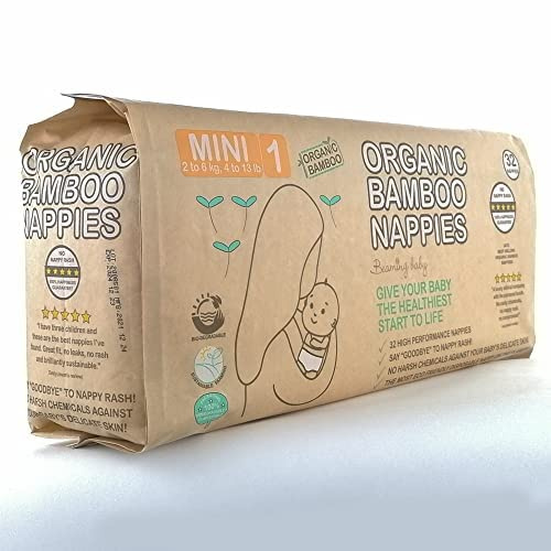 Beaming Baby Organic Bamboo Nappies Size 1, Mini, 2 Pack of 32 Bamboo Eco Nappies. Eco Friendly Bamboo Diapers for Your Newborn Baby to 4 Months