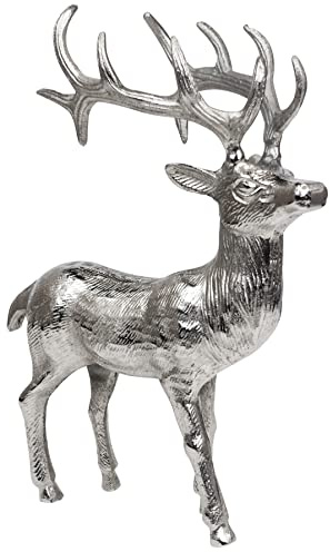 MichaelNoll Hjort dekoration – stående – ren aluminium metall silver – figur staty – dekorativ figur för vardagsrum, kök, sovrum – jul vinter – hjorthorn XL 37 cm