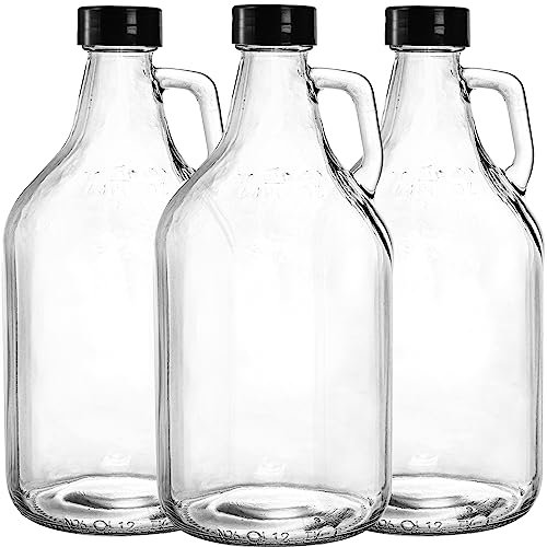 ZEAYEA 3 Pack Glass Growlers, 1.85 litre / 64 oz Clear Glass Jug, Half Gallon Jugs with Seal Cap and Handle for Beer, Home Brewing, Kombucha, Distilled Water