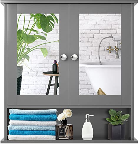 Multigot Wall Mounted Mirror Cabinet, Bathroom Storage Cupboard with Double Doors & Adjustable Shelf, Home Wooden Hanging Organized Unit (Grey)