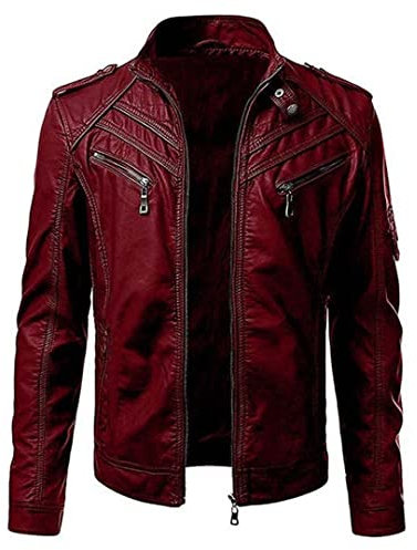 Bomber Lederjacke Herren Reißverschluss Dekoration Motorrad PU Mantel Plaid Jacken Oversized Windbreaker, burgunderfarben, XXXL