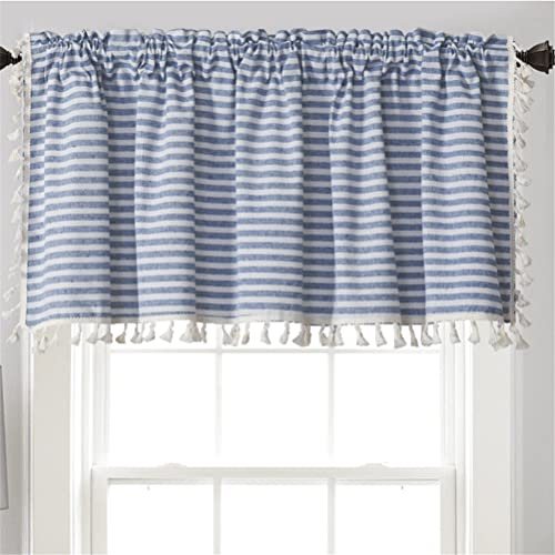 ACMHNC Scheibengardine Küche Landhaus Küche Vorhang Leinen Baumwolle Gestreifte Kurzgardine mit Quaste Modern Halbtransparent Bistrogardine 1 Stück (Blue,150cm x 45cm /59*18)