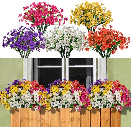 maoodoo 15 Bundles Artificial Flowers Outdoor UV Resistant Fake Silk Plants Plastic Faux Shrubs Outside Front Porch Window Box Garden Home Hanging Planter Decoration (Mixed Color)