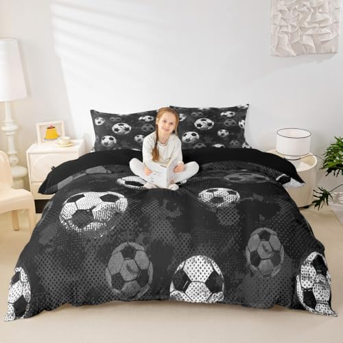 Football Duvet Cover Full Size Soccer Bedding Set for Boys Girls Ball Gamer Comforter Cover Sport Themed Bed Cover Grey Black Grunge Duvet Cover Set 3-Piece for Teens Bedroom Breathable Cozy Bedding