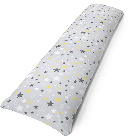 Amilian Seitenschläferkissen inkl. Füllung und Bezug: 150cm x 40cm, Stillkissen, Schwangerschaftskissen, Lagerungskissen Baby und Erwachsene, Pregnancy Pillow: Sternchen Gold auf Grau