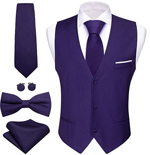 Barry.Wang Chaleco de Traje Formal para Hombre de Negocios Ajustado Casual Color Sólido Chaleco Corbata Pajarita Conjunto Boda Fiesta, Morado Oscuro, XXL