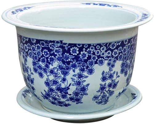 GImLY Blauer und weißer Porzellan-Blumentopf für den Innen- und Außenbereich – Blauer Blumendruck, Porzellan mit Fahrgestell, dekorativer Pflanzenbehälter, gemusterter Blumentopf