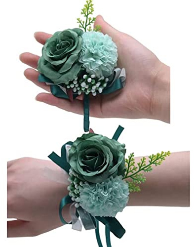OUKEYI 2 x Rosenblumen-Handgelenk-Ansteckblumen, Knopflochloch-Set, Boutonniere für Herren, Hochzeit, weiße Rose, Corsage, Armband für Frauen, Braut, Brautjungfer, Handgelenk, (dunkelgrün)