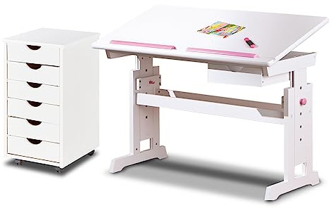KHG Schreibtisch-Set weiß mit Rollcontainer Kiefer Echtholz 6-Fach höhenverstellbar mit neigbarer Tischplatte 109 x 96 x 55 cm