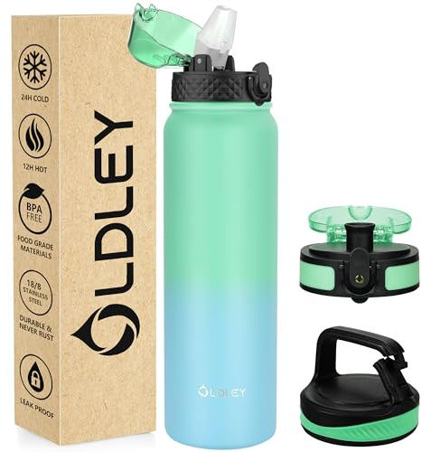 OLDLEY Botella de agua de acero inoxidable con pajita de 1 l, botella aislante con 3 tapas, termo grande, 1 litro, a prueba de fugas, mantiene el calor y el frío, para deportes, gimnasio, camping