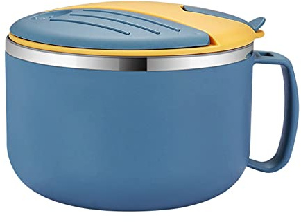 Snabbnudelskålar, ramenskål i 1 300 ml rostfritt stål, dubbelisolerad förseglad pastaskål med handtag och lock, köksblandningsskål för omedelbar pasta, bento, lunch (blå)