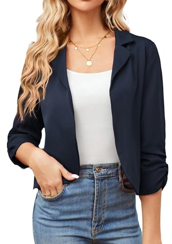 GRACE KARIN Elegant blazer för kvinnor jacka klänning 3/4-ärm öppen hals klassisk , Mörkblå kavaj, S