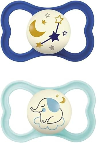 MAM Air Succhietto 16+ Mesi (Set da 2), Ciuccio MAM 16-36 mesi che si illumina al buio, Kit da 2 accessori neonato con tettarella in silicone e porta ciuccio sterilizzatore, Azzurro/Verde