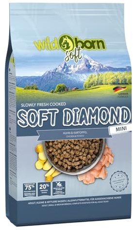 Wildborn Soft Diamond Mini 12 kg - Getreidefreies Hunde-Softfutter für kleine Rassen mit 75% Frischem Huhn, Schonend Garverfahren, Kleine Kroketten & Limitierte Rohstoffe