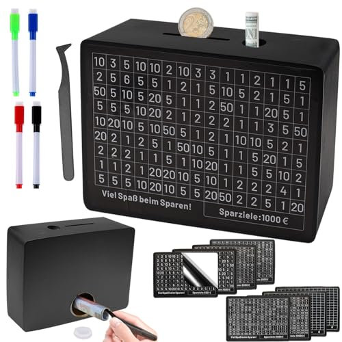 Spardose Erwachsene, Sparbox mit Zahlen Ankreuzen, Spardose Holz, Spardose Mit Zähler €500 €1,000 €2,000 €3,000 €5,000 Wiederverwendbare Fortune Box Spardose für Erwachsene Kinder