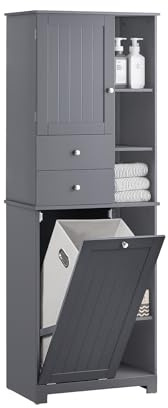 SoBuy Mobile Bagno con Cesto per Linge Mobile Rangemento Alto Armadio Bagno con 6 Ripiani e 2 Cassetti Mobiletto Salvaspazio Grigio 60x37x171 cm BZR104-DG
