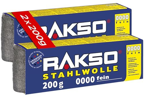 RAKSO Stahlwolle extrafein 0000-400 g, 2 Banderolen à 200g, poliert gewachstes Holz, Kupfer, Messing, mattiert Oberflächen, säubert Glas