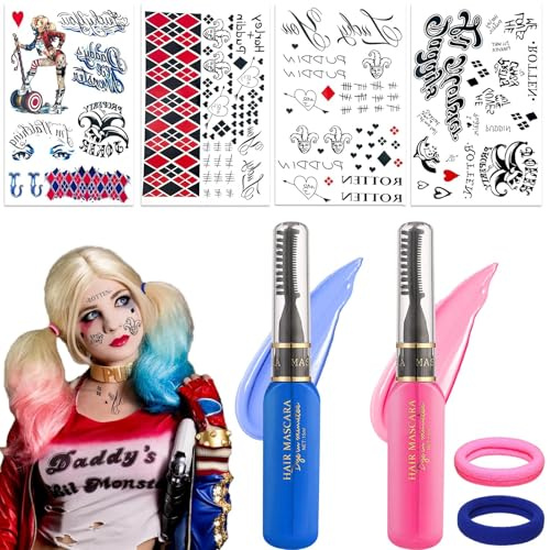 4 Blatt Halloween Temporäre Tattoos Erwachsene Set Mit 2 Haarkreide Und 2 Haargummis Halloween Schminke Make Set Tattoo Aufkleber Mottoparty Cosplay Festival Kostüm Accessoires