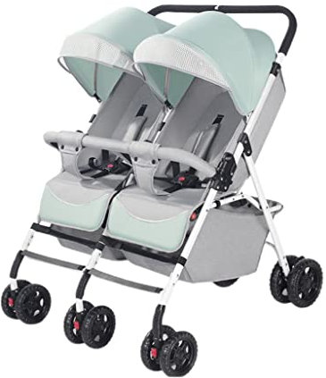 ZONABSQQ Kinderwagen Zwillingskinderwagen mit Liegesitzen und ausziehbaren Überdachungen, großer Aufbewahrungskorb, gemütlicher kompakter Zwillingskinderwagen mit 5-Punkt-Gurt Komfort und Sicherheit
