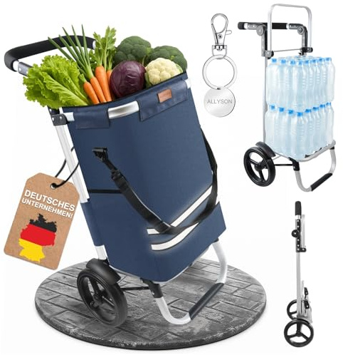 Allyson® Einkaufstrolley klappbar Wasserabweisende Tasche(Denim, 56L) | Ergonomischer Griff, geräuscharme Räder, abnehmbare Tasche, Aluminiumrahmen, Reflektorstreifen, Wagenlöser