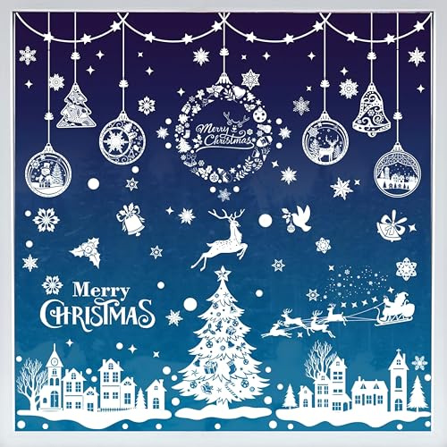 AhfuLife Fensterbilder Weihnachten, 244 Stück Fenstersticker Weihnachten Selbstklebend, Wiederverwendbar Doppelseitig Weihnachten Schneeflocken Rentier Fensterdeko für Xmas Party Weihnachtsdeko