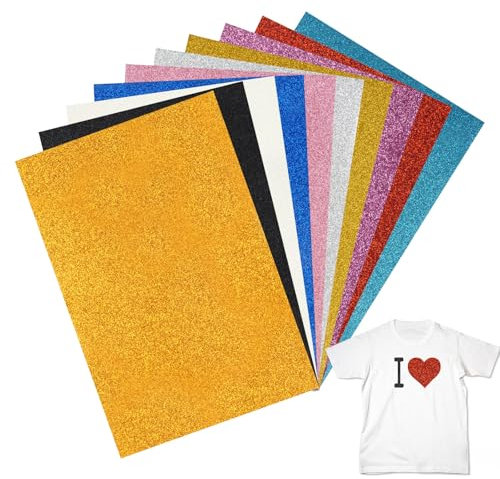Tikplus 10 Stück Plotterfolie Textil Glitzer, 30cm×20cm, Vinylstoff, Heat Transfer Flexfolie Glitzerfarben, Plotter Transferfolie, Vinyl Plotterfolie für T-Shirt Textilien Stoffe zum Aufbügeln