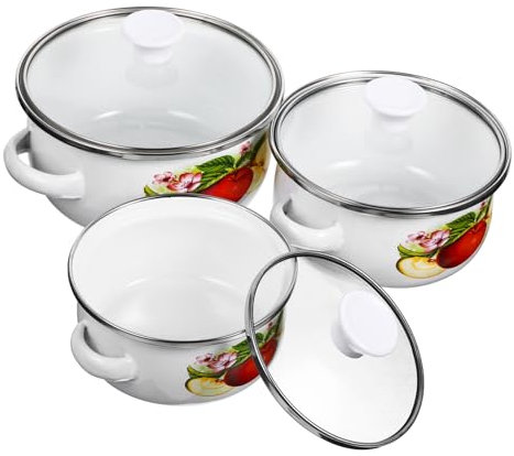 AUTSUPPL 3pcs Mini Enamel Soup Pot Set, Small Flat Bottom Cooking Stockpot Dual Handles, Enamelware Kitchen Pans for Stew, Noodles, and Hot Pot, Suitable for Home and Travel
