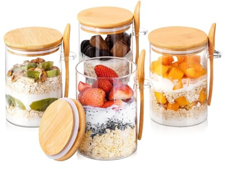 YANXINKE 4er Set 540ml Vorratsdosen mit Deckel, Overnight Oats Gläser, Gewürzgläser Glas, für Gewürzen, Tee, Nüssen, Samen, Nudeln
