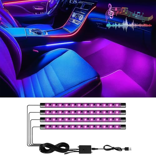 XEMQENER Car LED Interior Strip Light With Remote Control, 48 LEDs RGB Music Sound-Activated, USB Port Charger Footwell Lights, 8 Colors Atmosphere Lighting