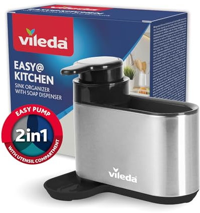 Vileda Sink Organizer con Dispenser di Sapone in Acciaio Inox - Porta Spugne da Cucina indipendente - Organizer Lavastoviglie con Dispenser di Sapone per Spugne e Spazzole - Durevole e Antiruggine