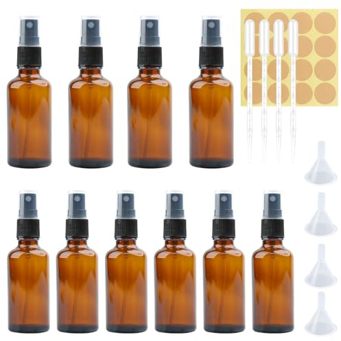 10 Stk Sprühflasche Klein Glas Braun Zerstäuber Sprühflasche 50ml 30ml | UV-Beständig Kleine Sprühflaschen zum Befüllen mit Trichter Tropfer und Etiketten für Parfüm Kosmetik Aromatherapie Reise