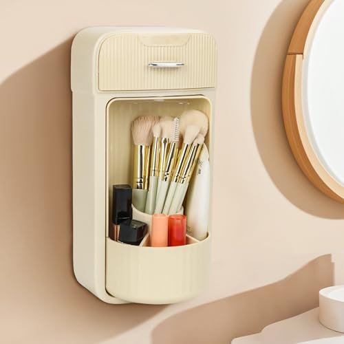 FoiiLiio Organizador Maquillaje Montada en la Pared, Organizador de Cosmeticos Giratorio 360°, Multifuncional Makeup Organizer con Cajones y Tapas, Impermeable, para Baño y Dormitorio (Beige)