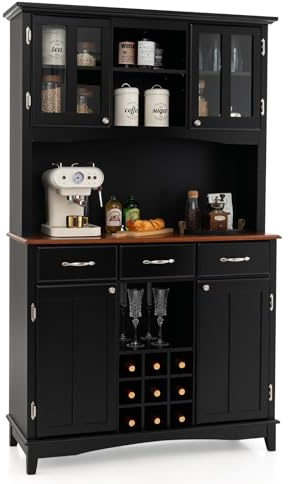 COSTWAY Armario Alacena de Cocina, Aparador Comedor con Vitrina de Vidrio Templado, Porta Botellas de Vino, Estantes Ajustables, Moderno Armario de Pie con 3 Cajones y Estantes Abiertos (Negro)