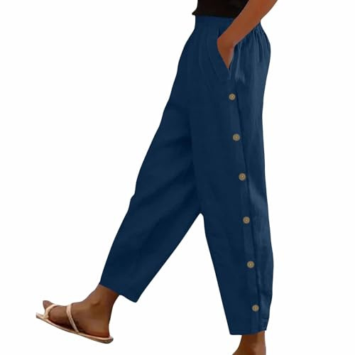 RLEHJN Pantalon Sarouel en Coton Et Lin pour Femme, Ankle Pants, Pantalon Décontracté, Taille Elastique, Jogging, Baggy, Pantalon Léger, Solide, Couleur Pantacourt, Pantalon Été, Femme, Leger, Fluide