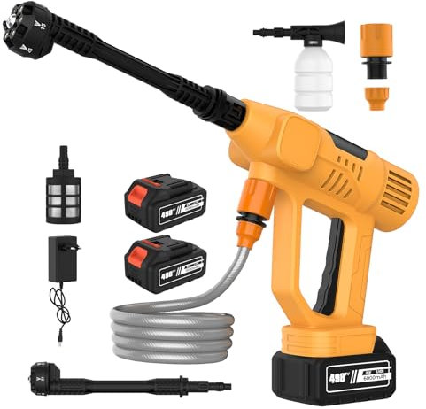 Limpiador de alta presión inalámbrico, 65 bar limpiador de alta presión con batería con boquilla 6 en 1, 2 x 3000 mAh batería y pantalla, 10 niveles de potencia ajustables, para lavado de coches