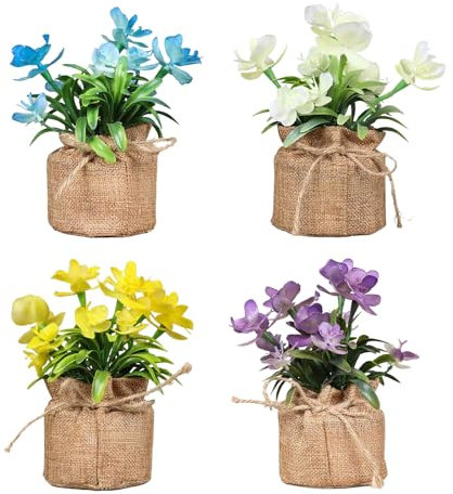 Luckwaii Deko Kunstblume im Jutesäckchen, 4 Stück Kunstpflanze Klein Künstliche Blumen im Topf Artificial Plants Künstlicher Bonsai Orchideen Künstlich für Hause Büro Tischdeko Kunstblumen Balkon