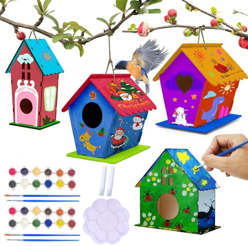 Kit de la casa de pájaros, 4 Piezas de Madera Casas de pájaros para Pintar y Construir, Kits de casa de de Bricolaje con cepillos, Pinturas y Pintura paliete para niños