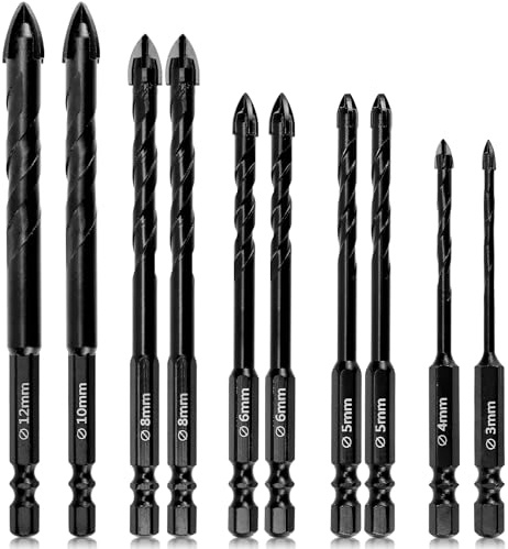 Bohrer Fliesenbohrer Set 3mm 4mm 5mm 6mm 8mm 10mm 12mm Bohrersets 10 Stück Glasbohrer Steinbohrer Set Diamantbohrer Fließenbohrerset Fließenbohrer Feinsteinzeug Bohrer für Keramik Fliesen Glas