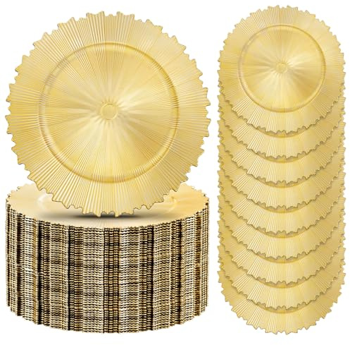 EI 20pcs Gold Charger Plates Bulk 13inch Plastic Chargers for Dinner Plate Disposable Golden Flash Reef Charger Plates Table Chargers for Family Party Wedding Birthday Afternoon Tea Decoration