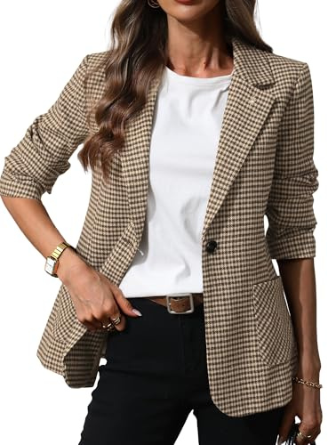 ELLEVEN Plaid Blazers for Women Business Casual Tweed Outfits One-Button Long Sleeve Boyfriend Suit Jacket Houndstooth Fall Work Office Dressy Professional Brown Houndstooth Large