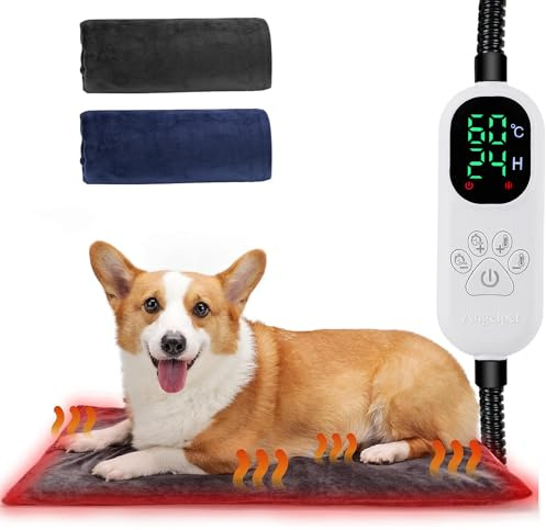 Angelpet Tapis Chauffant pour Chien et Chat L 45x70cm – Températures 30–60℃ & 14 Minuteries (0–12/24H), Coussin Chauffant Électrique pour Animaux, Écran Auto-Off, Câble Anti-Morsure 1,8m, 2 Housses