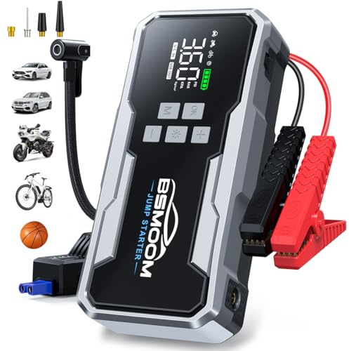 BSMOOM Booster Batterie Voiture 7000A, 160PSI Gonfleur Pneus, 12V Démarreur Voiture Puissant, (Jusqu'à All Gaz ou 10.0L Diesel) | Booster Batterie Moto avec 400 Lumière LED 3 Modes,Grand Écran.