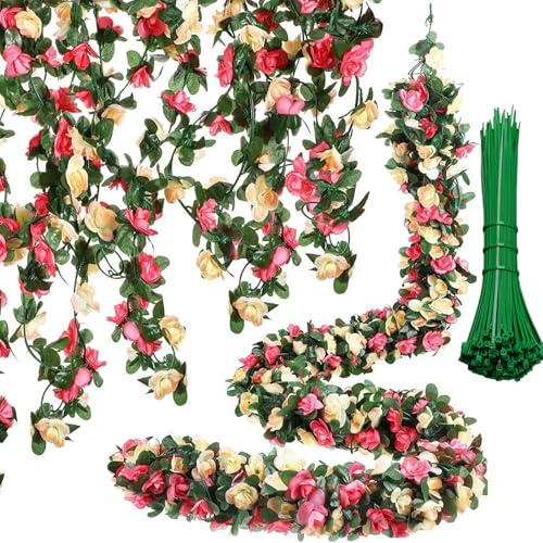 ZenyTra Kunstrosen Girlande 2x2,5m mit 90 Blüten | 20 Zubehör Bändern | Deko Girlande Innen Außen für Hochzeiten, Wohnzimmer, Garten | Kunstblumen ohne Welken