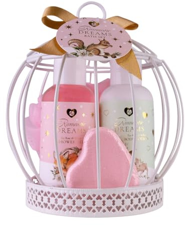 Accentra Badset ROMANTIC DREAMS i fågelbur, duschgel, bodylotion, badbomb, nätsvamp, doft: Terosa & Sammet, kvinnors gåva, julklappsset