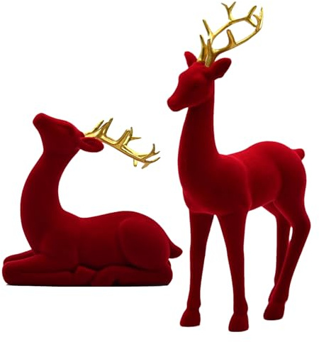 Generisch 2 Stück Weihnachts-Rentierfiguren, Rot Beflockte Hirschfiguren aus Kunstharz Stehend und Sitzend Elchskulptur Tischdekoration für Wohnzimmer, Kaminsims, Büro, Wohndeko