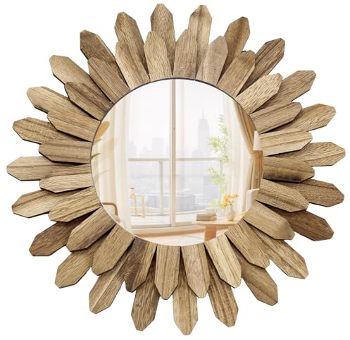 ANEELV Boho Spiegel aus Holz mit Sonnenschliff, Wanddekoration im Bohème-Stil, geeignet für Wohnzimmer, Schlafzimmer und Flure (Rustikalbraun)